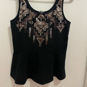 Express Black Peplum Top with Bronze & Silver Sequin Geometric Detail